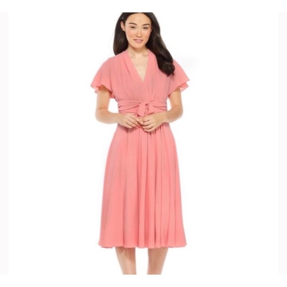 Gal Meets Glam Jane Tie Waist Midi Dress in Peach Pockets Size 2 NWT - Picture 2 of 16